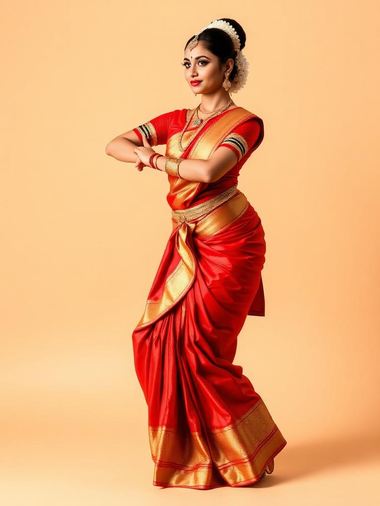 Indian classical dancer in red and gold sari