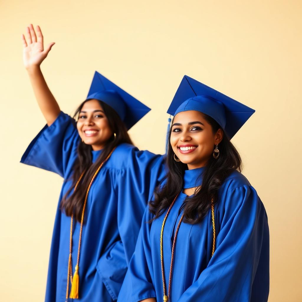 Indian graduates celebrating in blue gowns