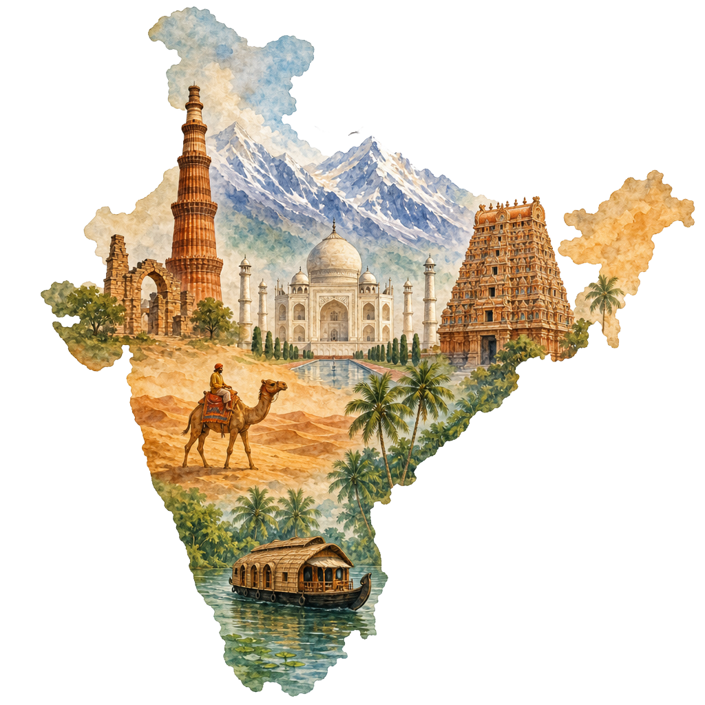 Illustrated map of India featuring iconic monuments — Taj Mahal, Qutub Minar, South Indian temples, the Himalayas and Kerala backwaters